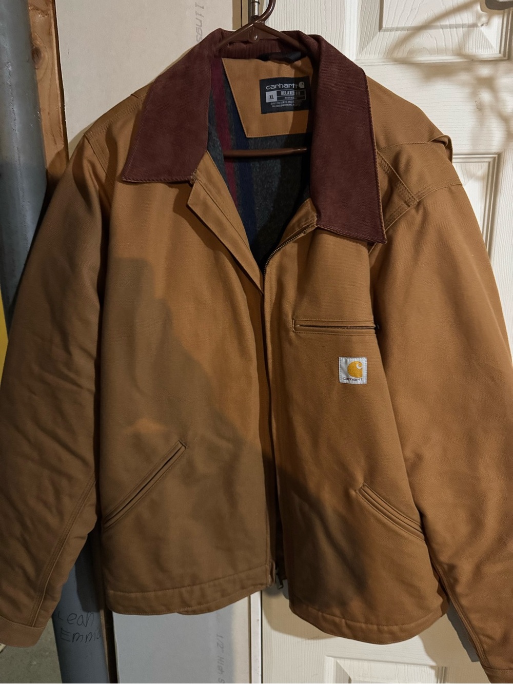 Carhartt Tan Work Jacket with Brown Corduroy Collar